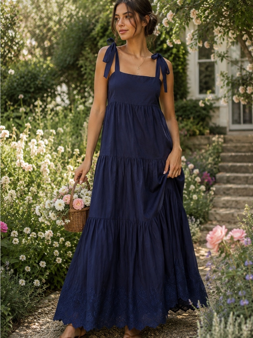 Jason Wu Navy Tie-Shoulder Tiered Maxi Dress
